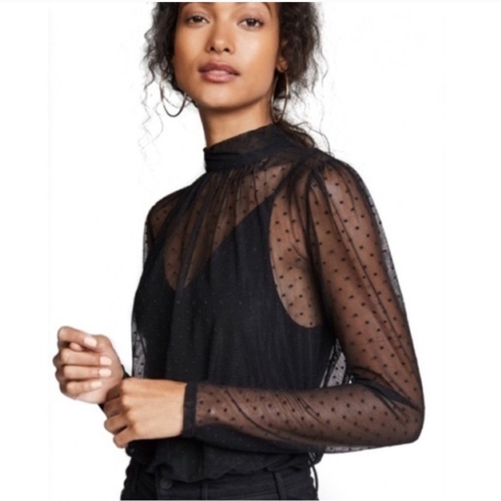Free People Twice the Fun Black Polka Dot Sheer Mesh Bodysuit